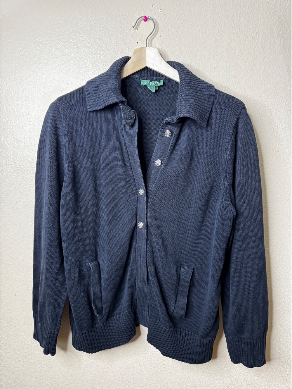 Lauren Ralph Lauren Women 2X Black Cotton Cardigan Sweater Crest Buttons Collar